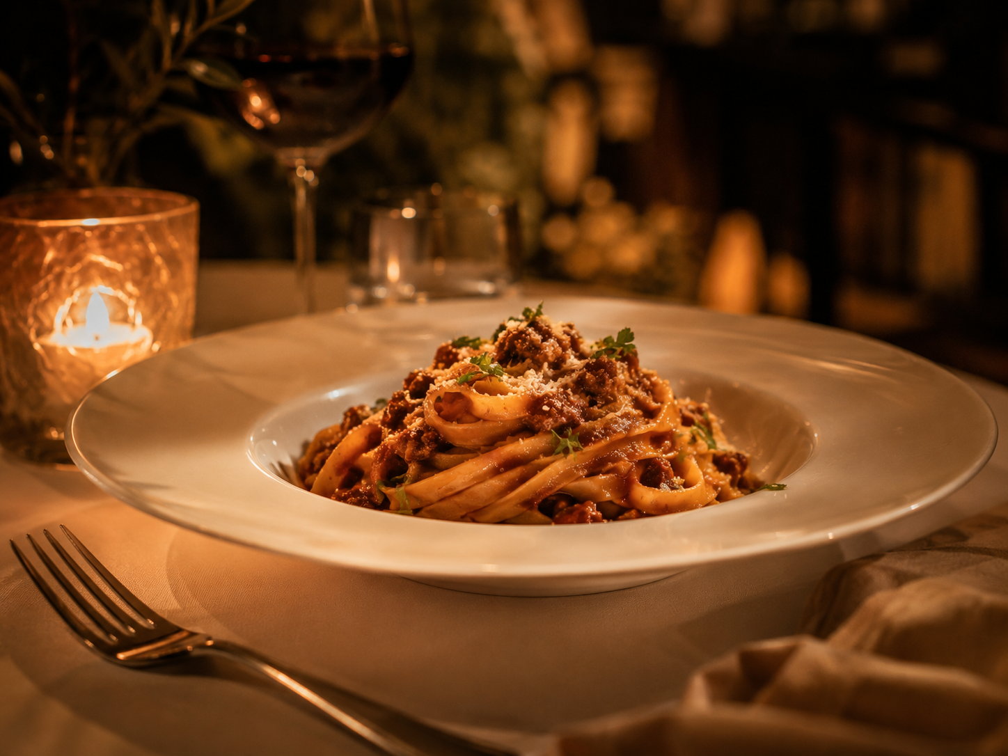 Piatto di pasta presentato a tavola