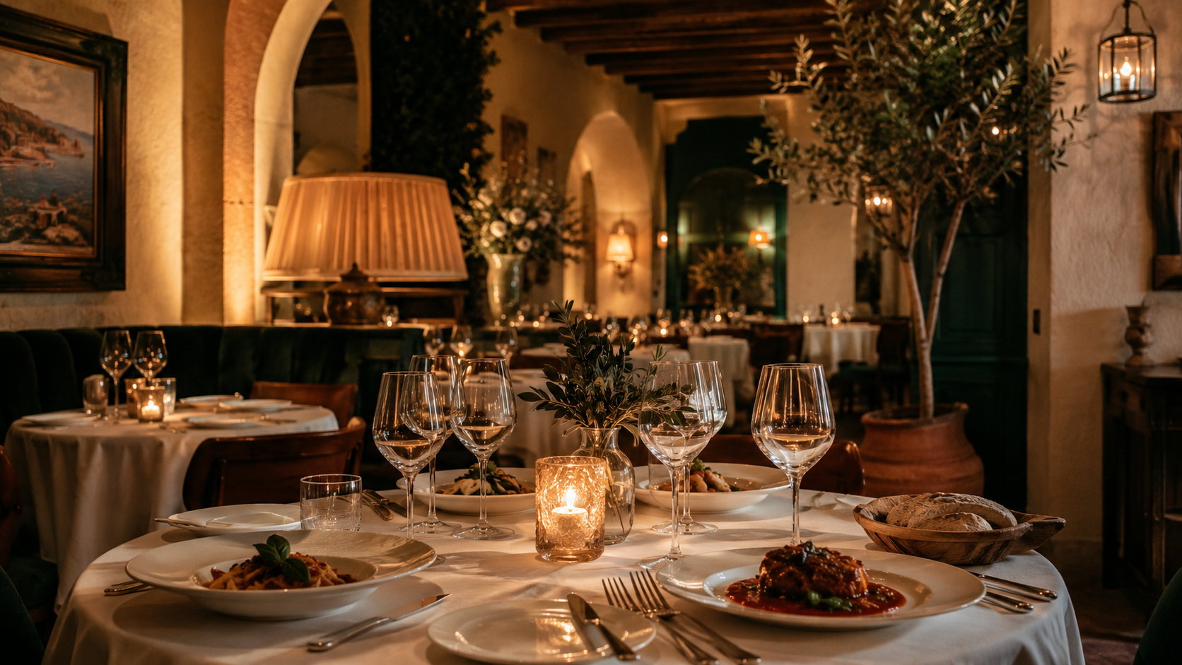 Sala di ristorante illuminata da una luce calda