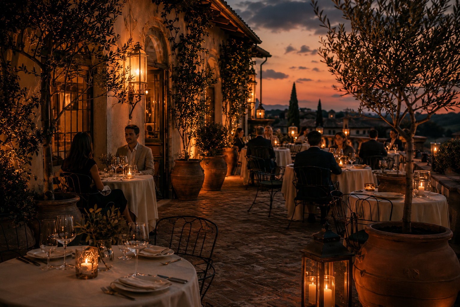 Tavoli in terrazza al tramonto