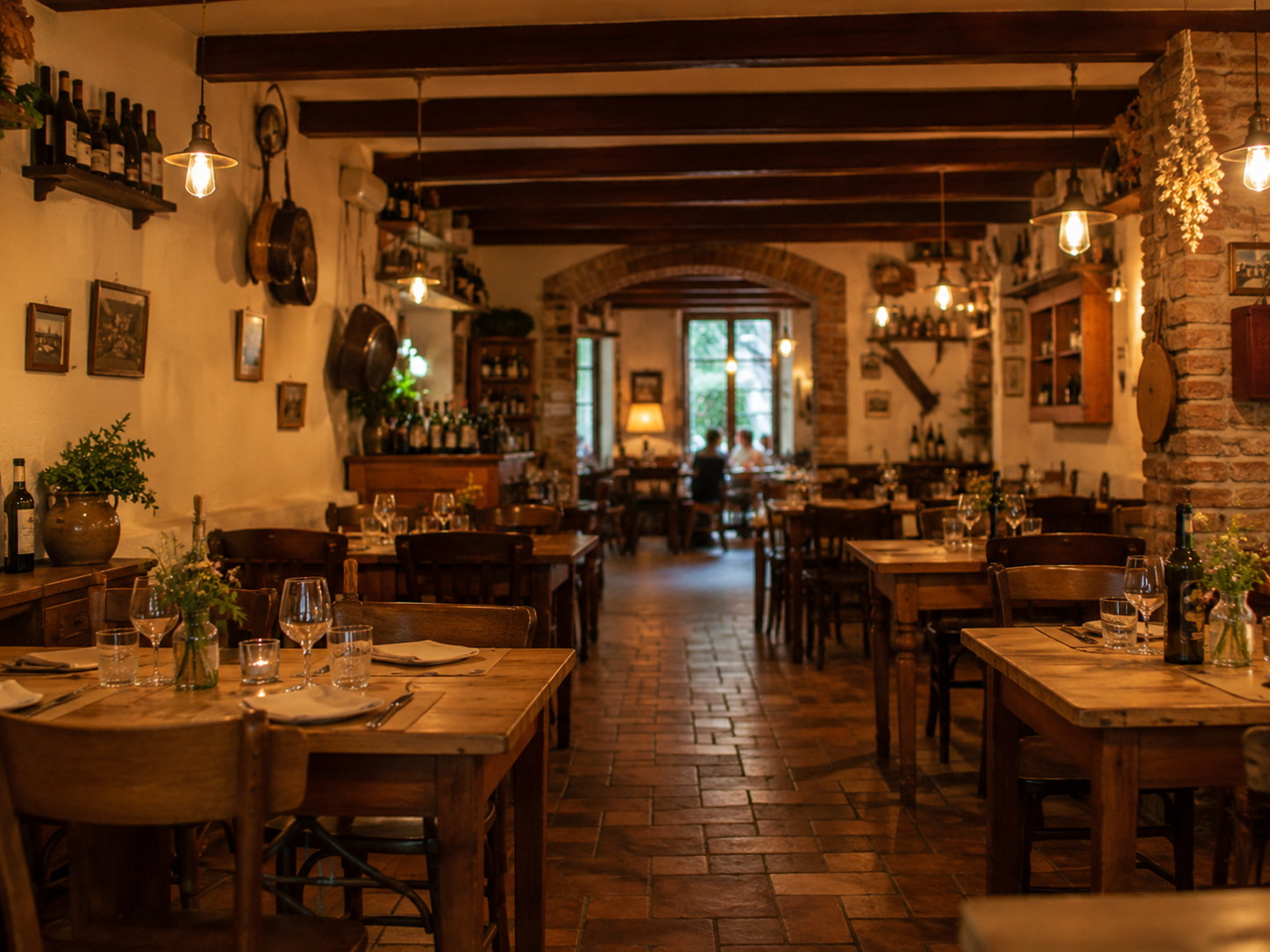 Sala di ristorante illuminata da una luce calda