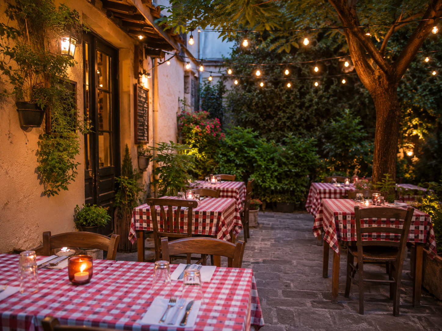 Tavoli in terrazza al tramonto